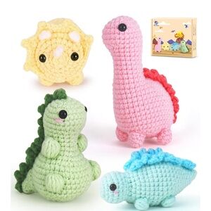 Crochet Dinosaur Toy Set - Pink, Green, Blue, Yellow